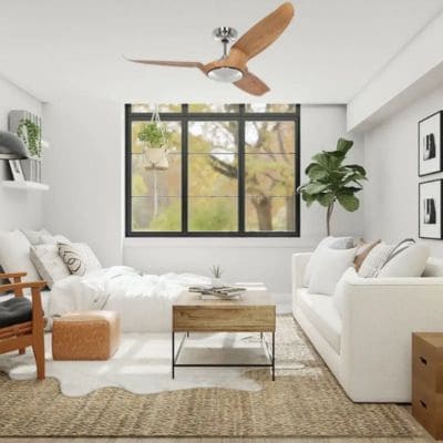 Ventilateur de plafond Eco Talos chromé chêne casafan dans un salon blanc